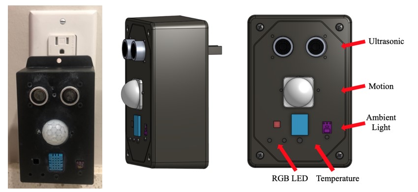 Sensor Station connected to Outlet (Left), CAD Model of Sensor Station (Right)