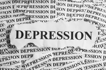 Torn pieces of paper with the word "Depression". Concept Image. Black and White....