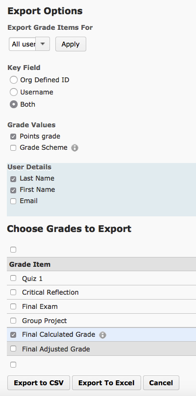 Export Options page