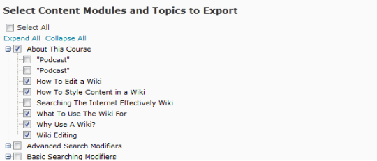 Selecting Content and Modules to Export